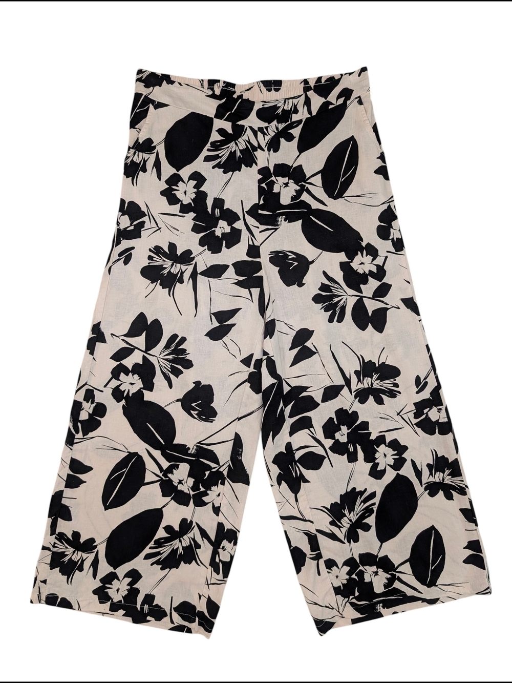 Panama Jack Women's XL Wide Leg Floral Linen Blend Slight Crop Pants Black Cream